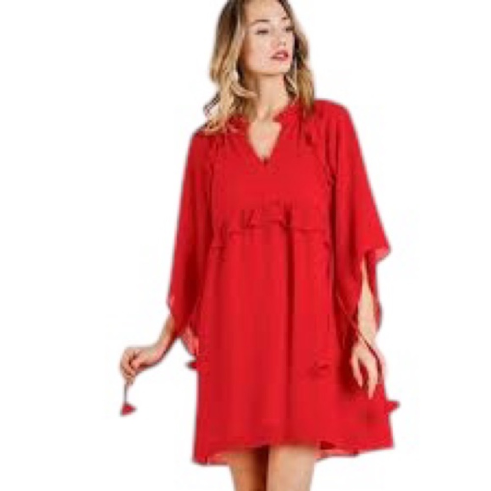 Umgee Red Flowing V-Neck Tunic Dress